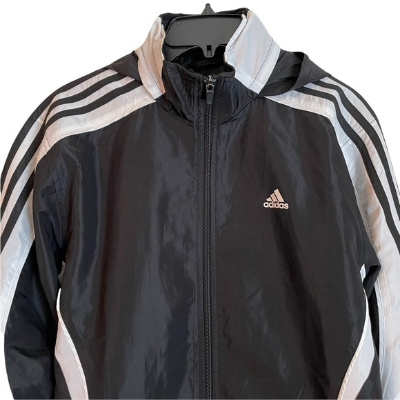 adidas Black and White 3 Stripes Windbreaker Track Jacket with Hidden Hood. S - Picture 4 of 11